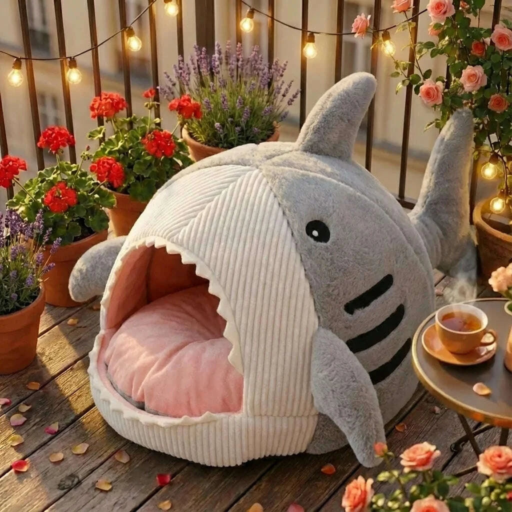 Maison pour chat en forme de requin gris — vue en perspective