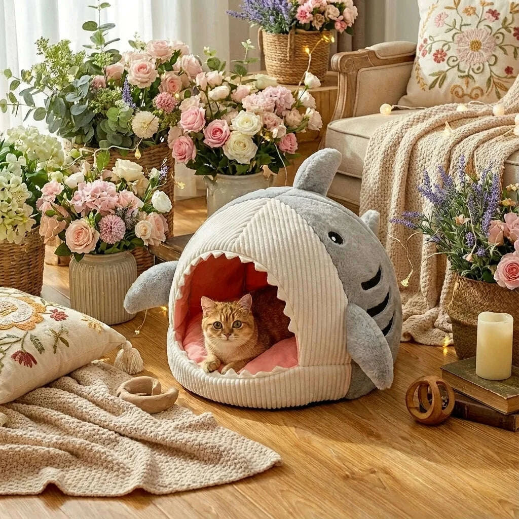 Maison pour chat en forme de requin gris — vue de côté
