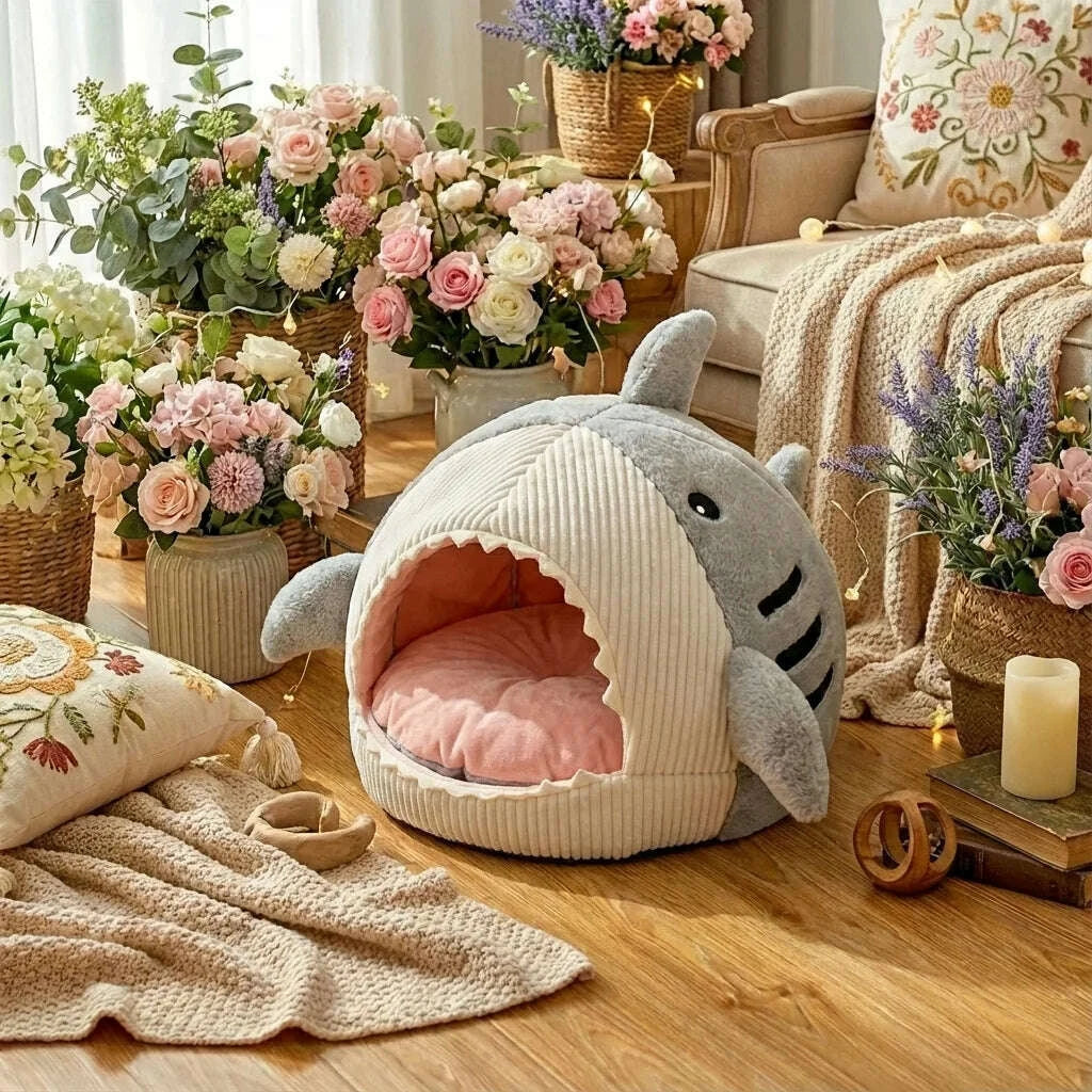 Maison pour chat en forme de requin gris — vue arrière