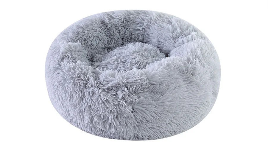Faux fur donut cat bed, light gray