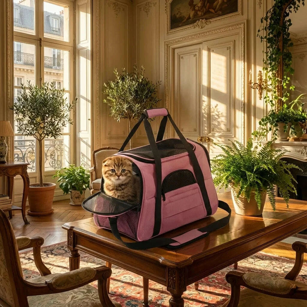 Panier de transport ventilé pour chat rose — vue d'ensemble