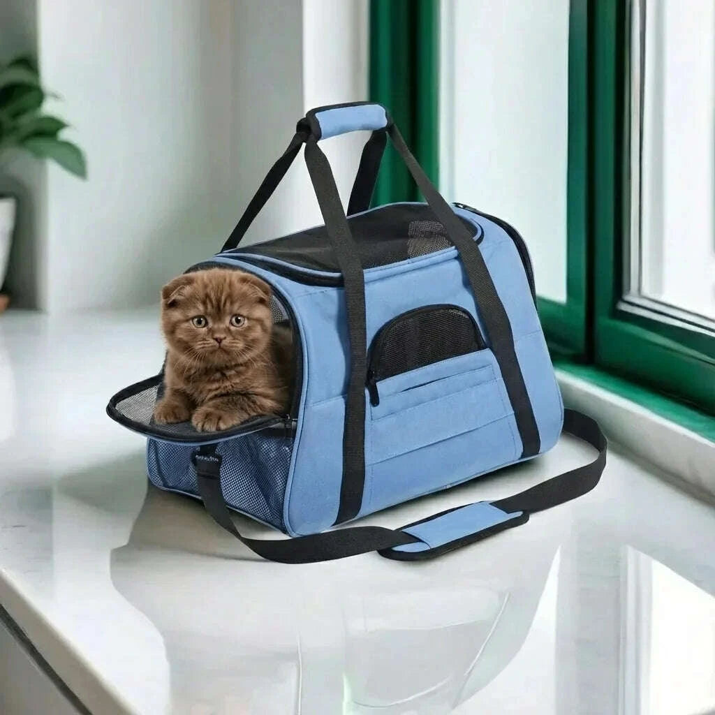 Panier de transport respirant pour chat, bleu — vue de côté