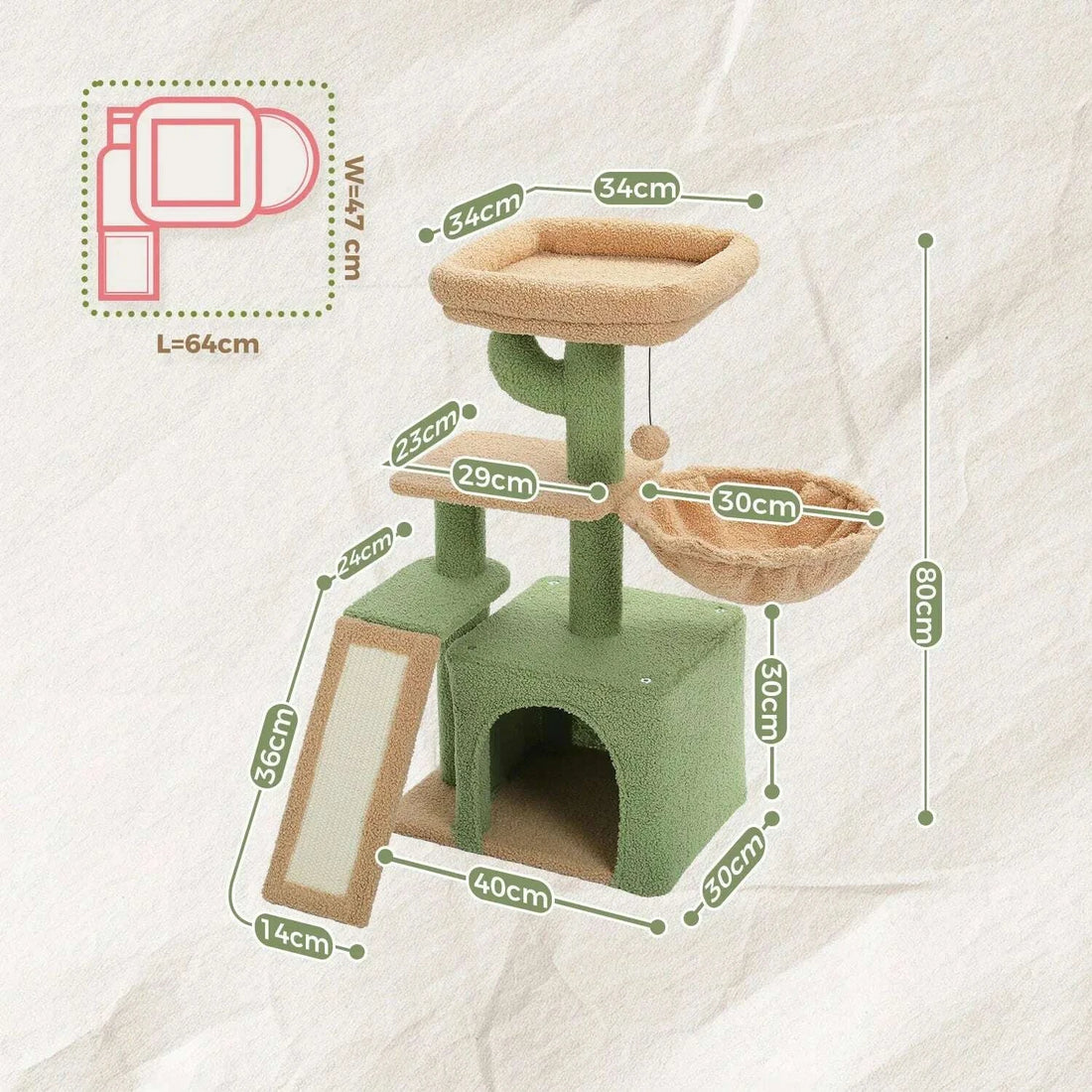 Schéma des dimensions de l'arbre à chat cactus : 80 cm de haut, base de 40 × 30 cm, encombrement au sol de 64 × 47 cm