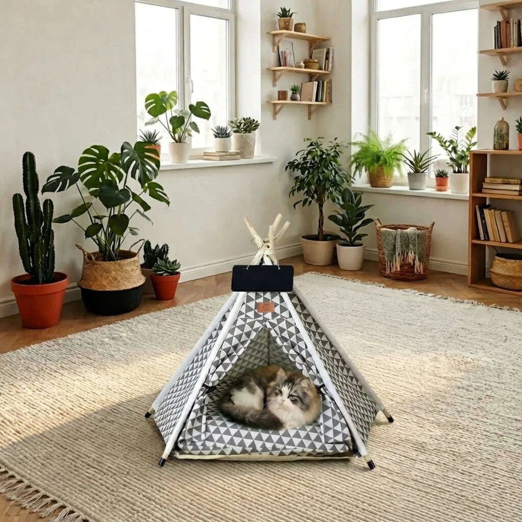 Tipi gris pour chat avec motif géométrique — vue d'ensemble