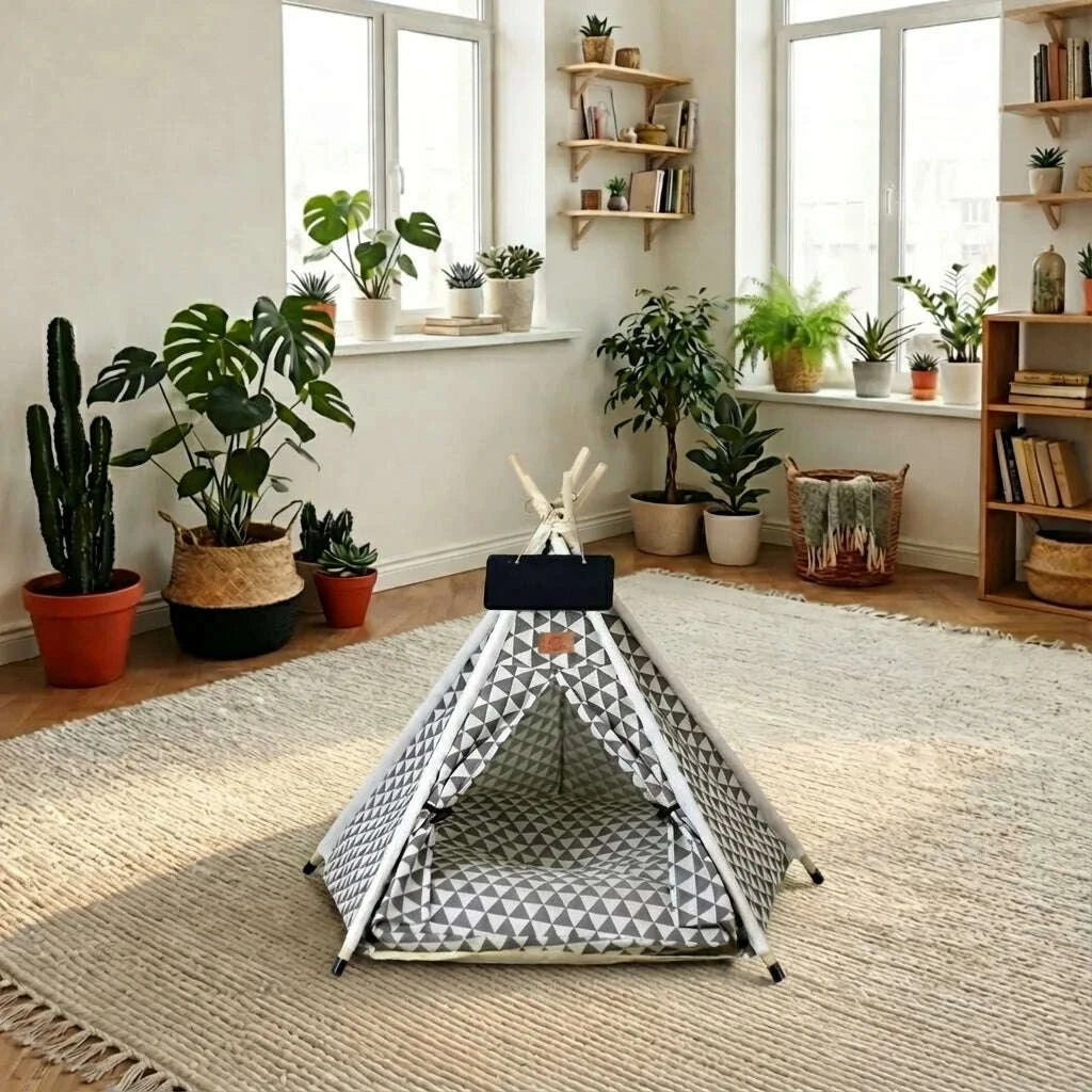 Tipi gris pour chat avec motif géométrique — vue de côté