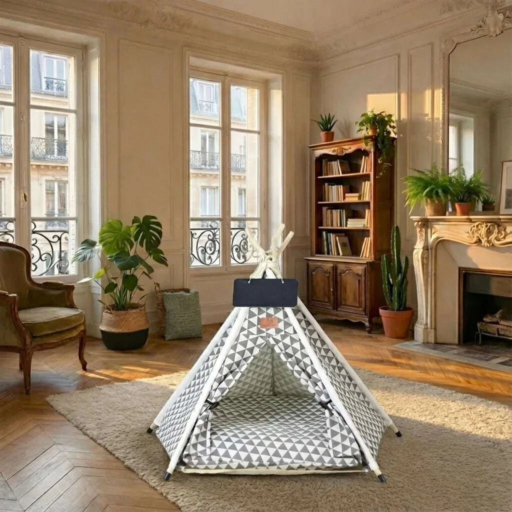 Tipi gris pour chat avec motif géométrique — détail