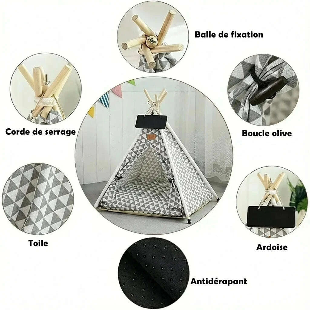 Tipi gris pour chat avec motif géométrique — en situation