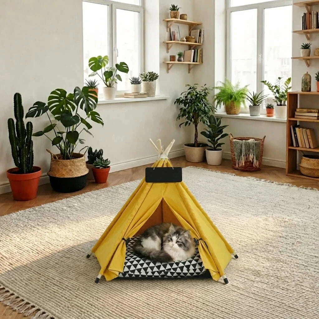 Tipi pour chat en tissu jaune — vue d'ensemble