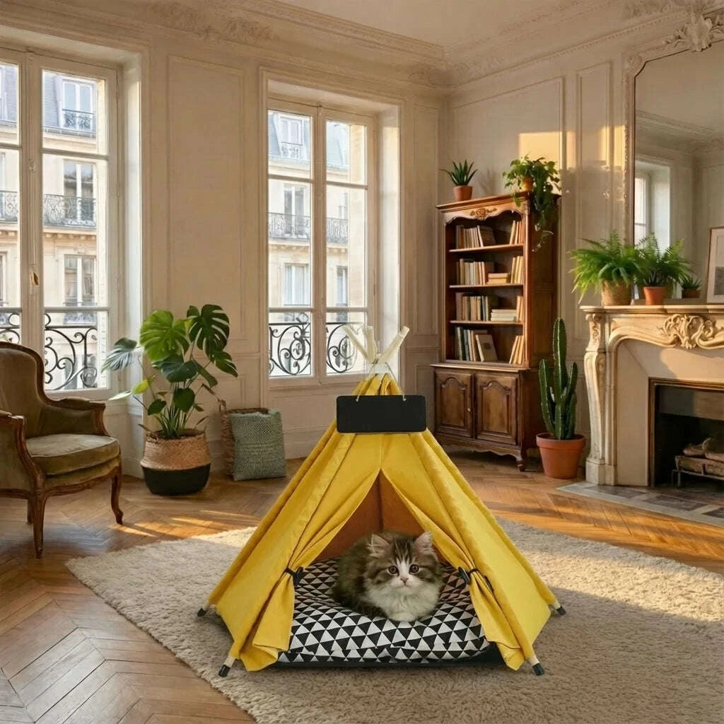 Tipi pour chat en tissu jaune — vue arrière