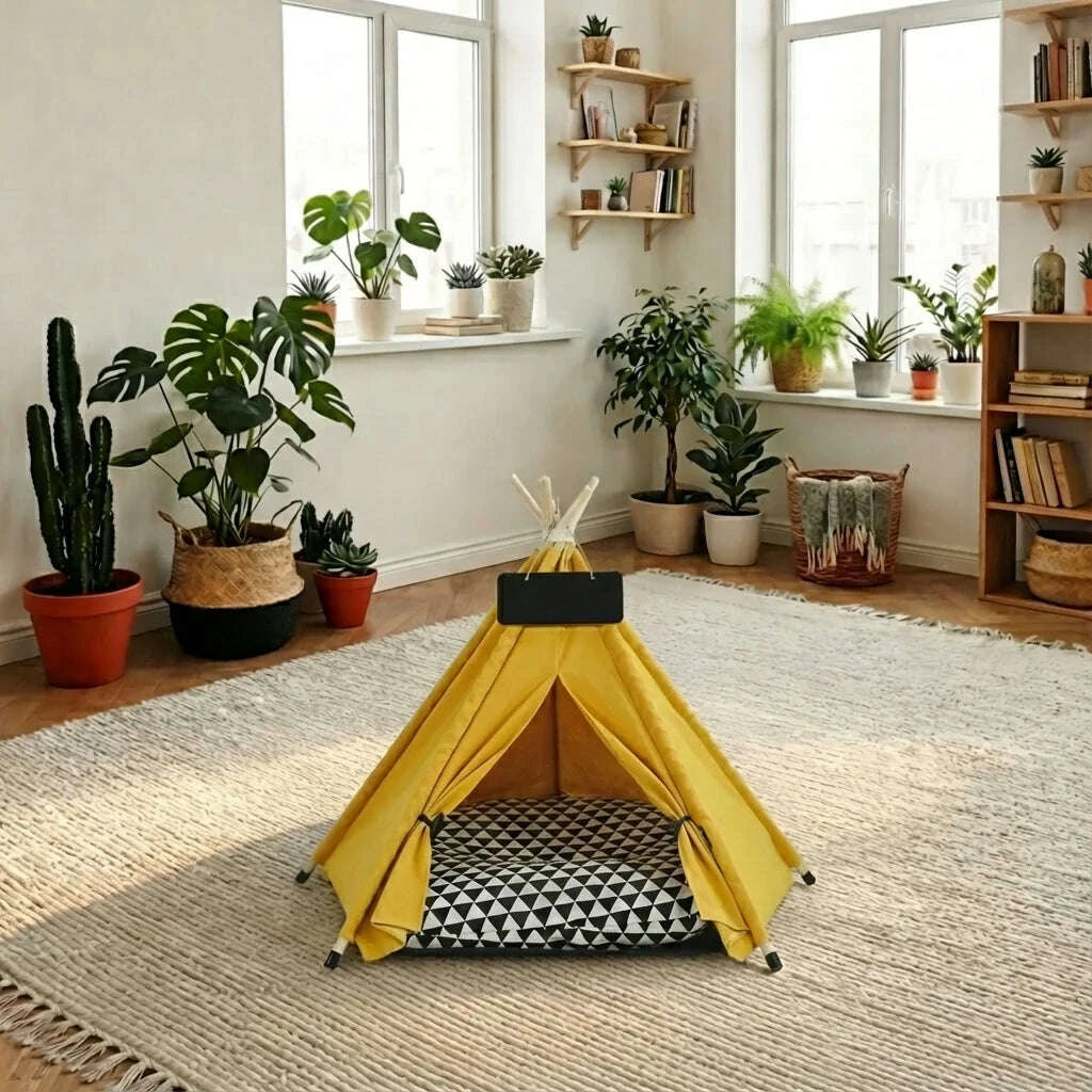 Tipi pour chat en tissu jaune — vue de côté