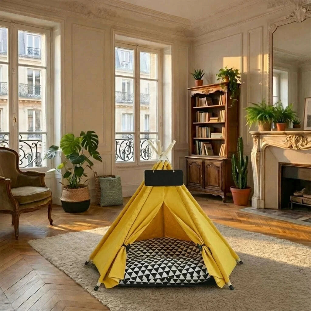 Tipi pour chat en tissu jaune — détail