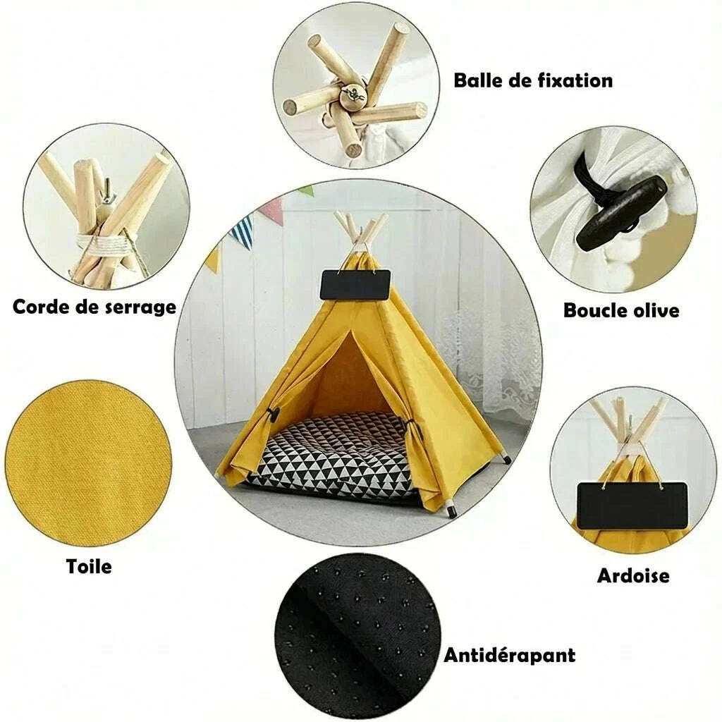 Tipi pour chat en tissu jaune — en situation